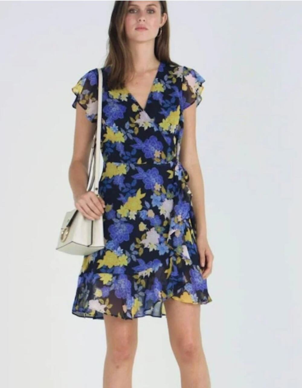 Banana Republic Floral Wrap Dress Navy Blue Yellow Ruffle Flutter Sleeve Size 14